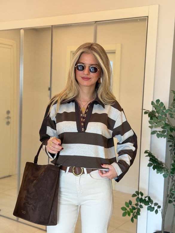 Agraf Detaylı Polo Yaka Çizgili Sweatshirt-Kahve