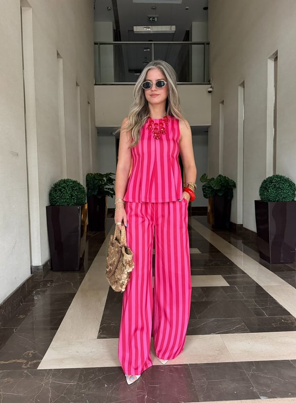 Kırmızı Pembe Çizgili Bluz Pantolon Takım