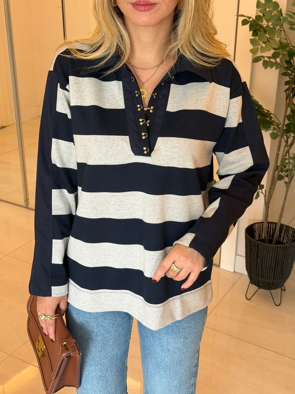 Agraf Detaylı Polo Yaka Çizgili Sweatshirt-Lacivert