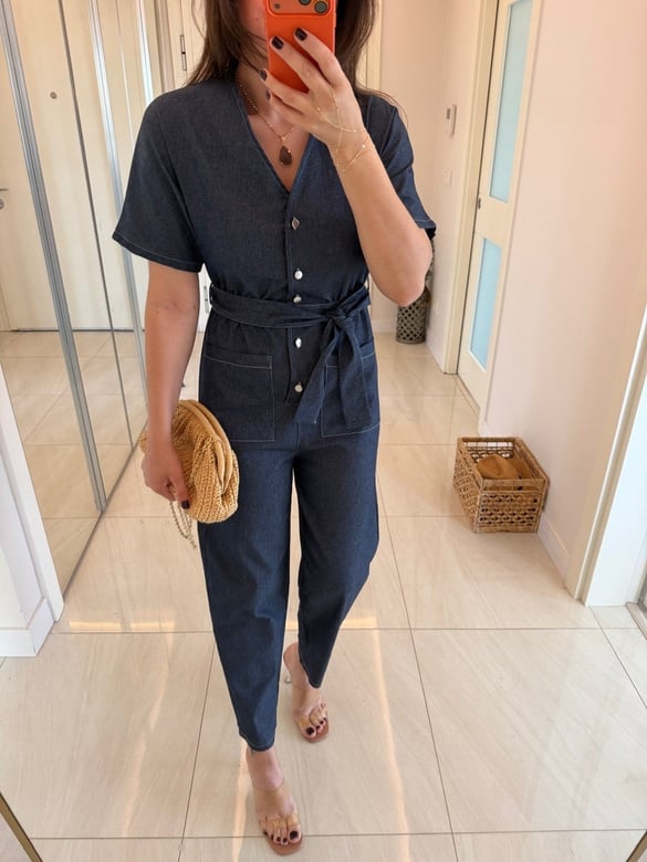 Beli Kuşaklı Likralı Denim Tulum