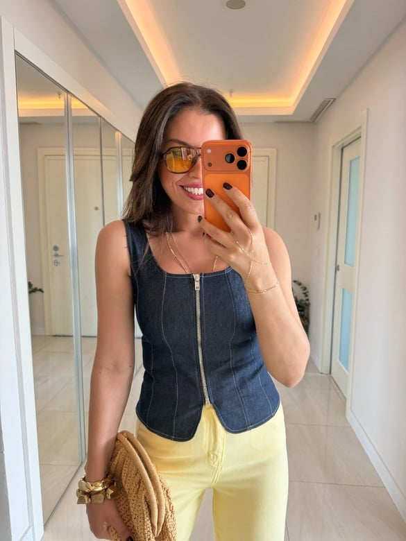 Önü Fermuarlı Denim Bluz 