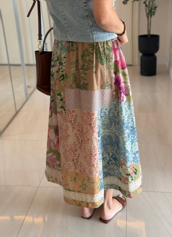 Patchwork Desen Dantel Detaylı Etek