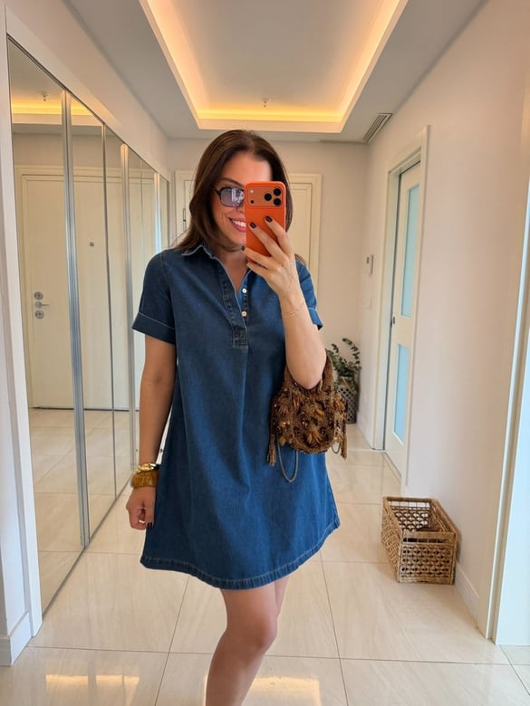 Polo Yaka Kısa Kollu Denim Elbise