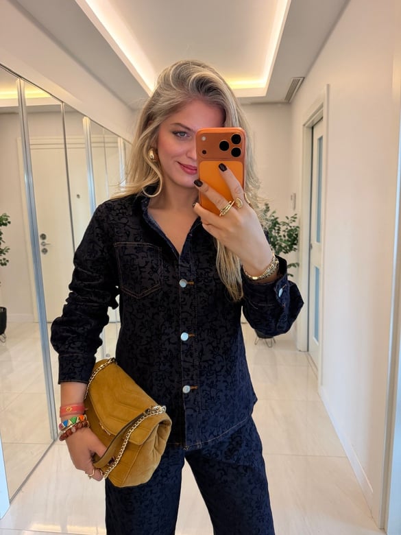 Orijinal Marka Jakar Dokuma Detaylı Denim Takım - Lacivert 