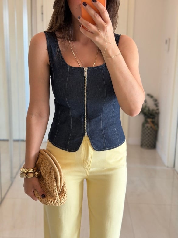 Önü Fermuarlı Denim Bluz 