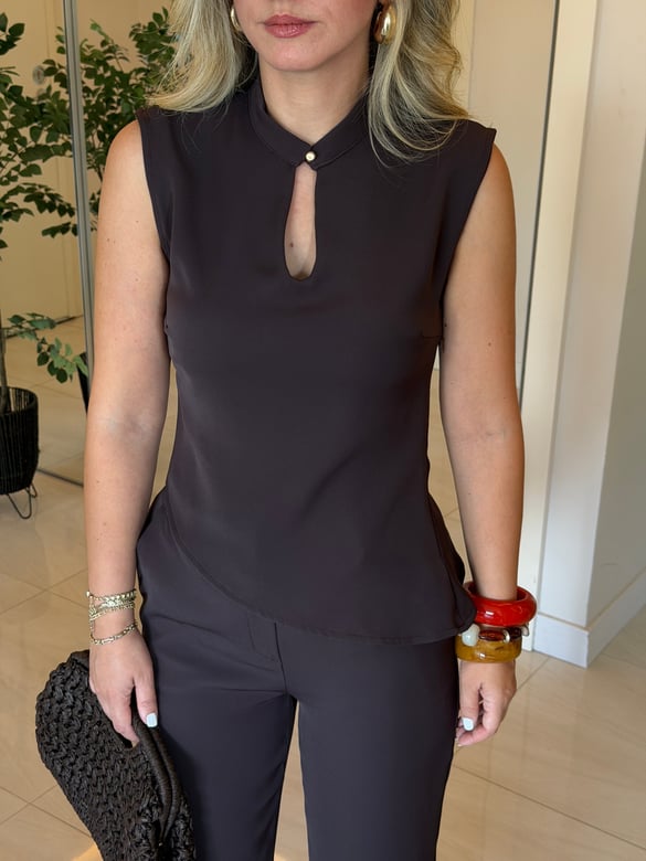 Damla Detaylı Bluz Pantolon Takım - Kahve