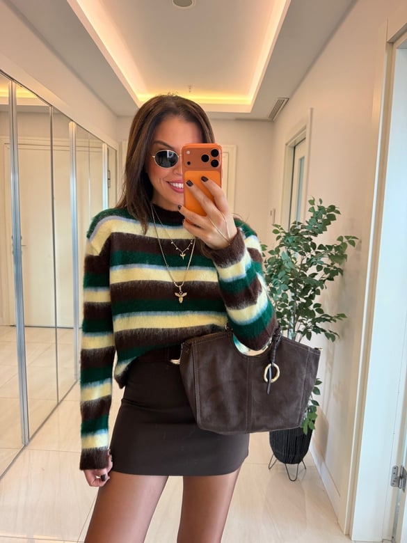 Kahve Sarı Çizgili Sakallı Triko Kazak
