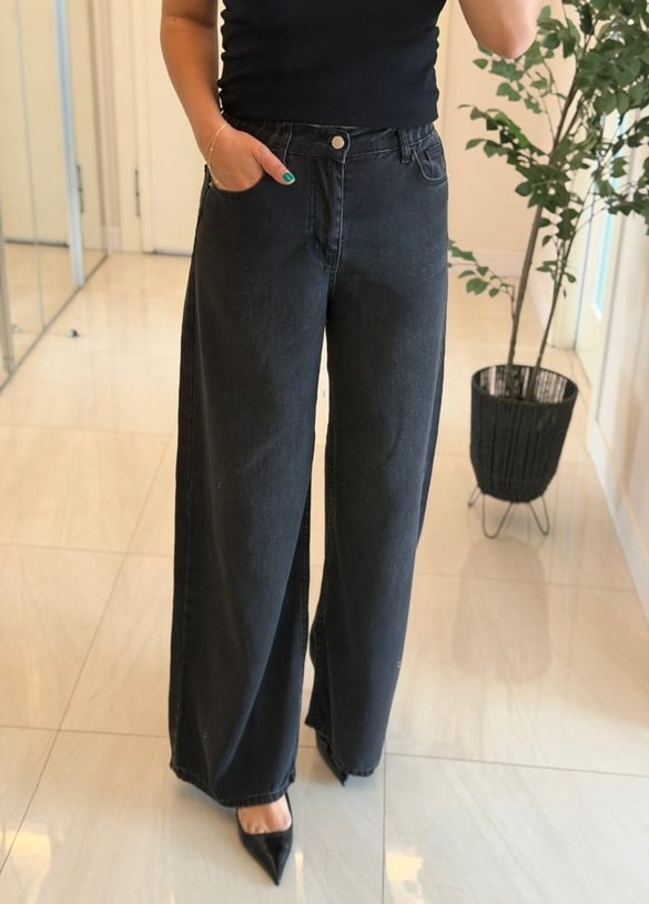Bel Arkası Lastikli Tensel Denim Palazzo - Antrasit