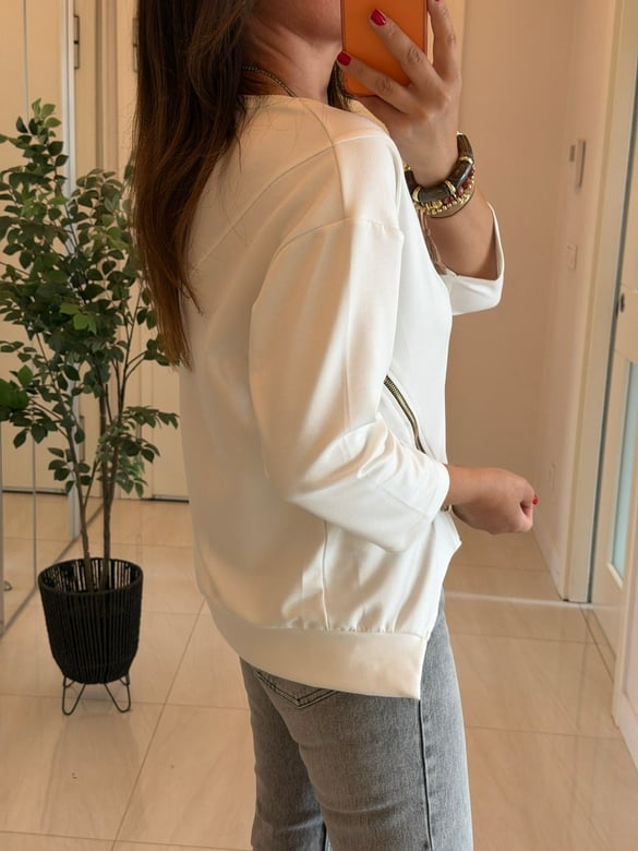 Fermuar Detaylı Modal Sweatshirt-Beyaz