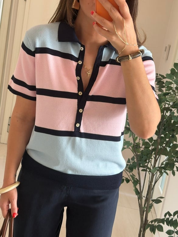 Polo Yaka Pembe Mavi Çizgili Merserize Triko