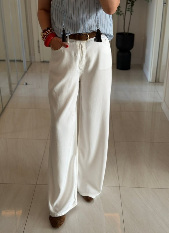 Premium Tensel Palazzo Denim Pantolon - Beyaz 