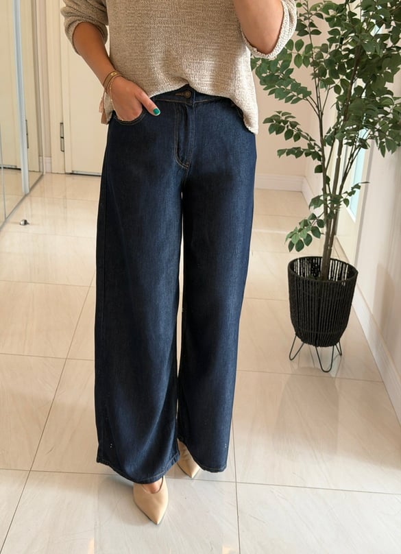 Bel Arkası Lastikli Tensel Denim Palazzo - Lacivert 