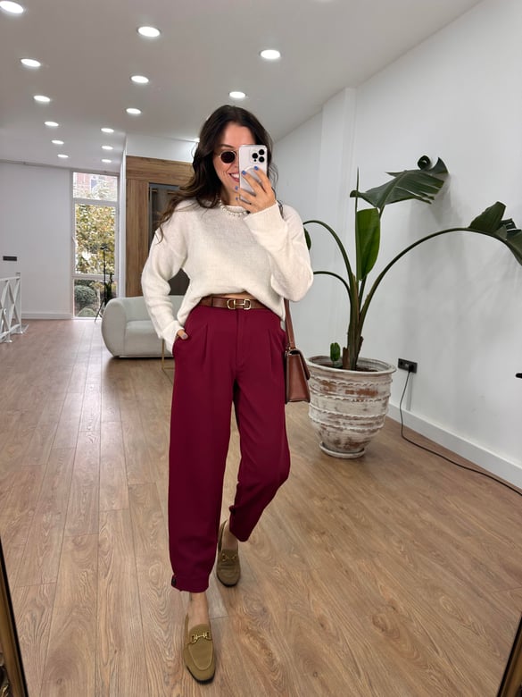 Arka Beli Lastikli Tasarım Paça Likralı Pantolon-Bordo
