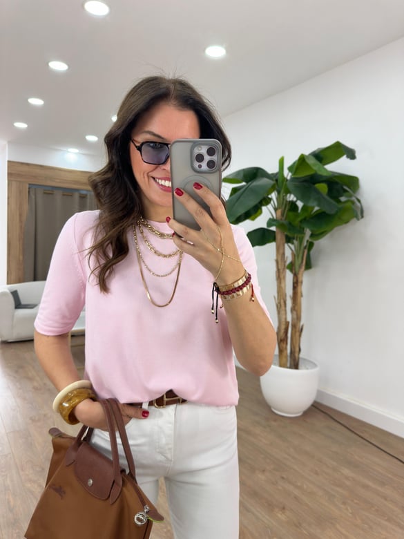 Arkası Damla Detaylı Bisiklet Yaka Triko - Pembe
