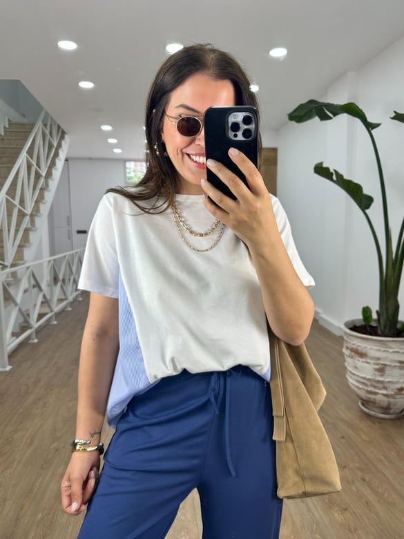 Arkası Poplin Detaylı Basic Tişört-Mavi