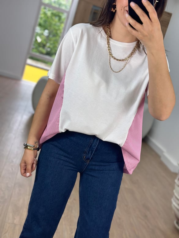 Arkası Poplin Detaylı Basic Tişört-Pembe