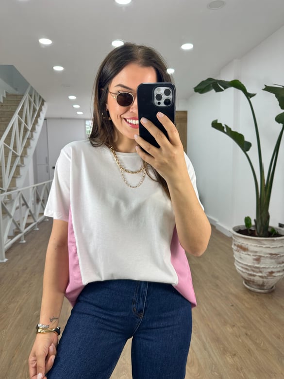 Arkası Poplin Detaylı Basic Tişört-Pembe