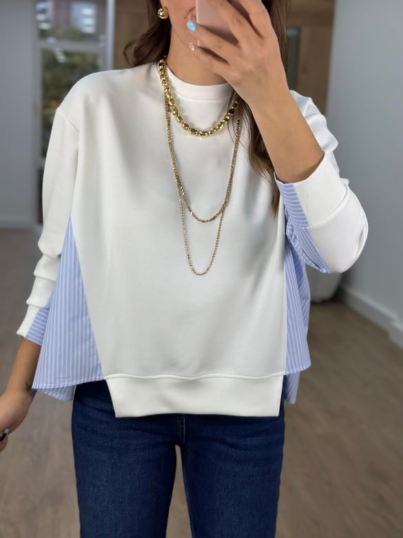 Arkası Poplin Detaylı Modal Sweatshirt-Ekru