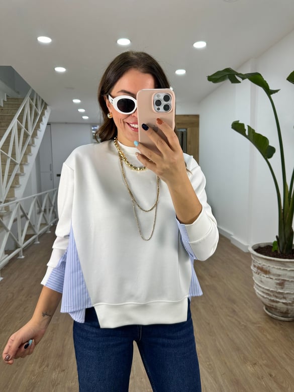 Arkası Poplin Detaylı Modal Sweatshirt-Ekru