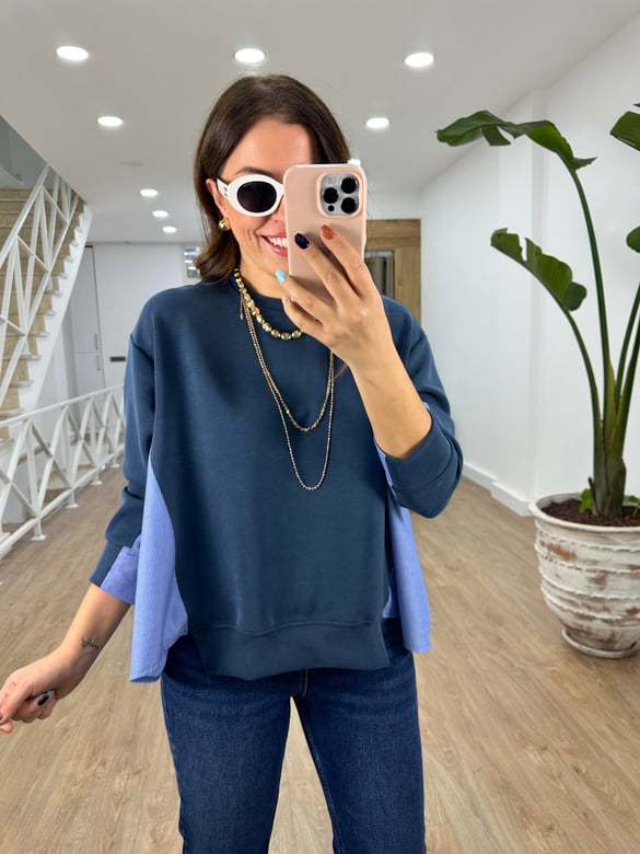 Arkası Poplin Detaylı Modal Sweatshirt-İndigo
