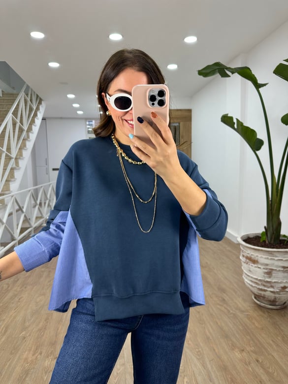 Arkası Poplin Detaylı Modal Sweatshirt-İndigo