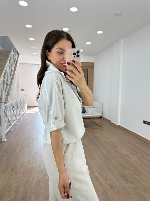 Arkası Poplin Detaylı Tasarım Yaka Keten Sweatshirt