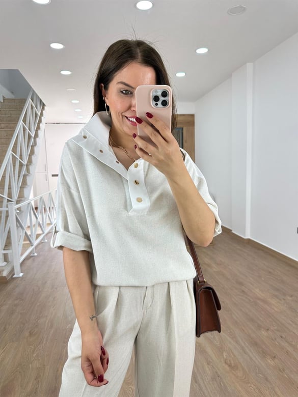 Arkası Poplin Detaylı Tasarım Yaka Keten Sweatshirt