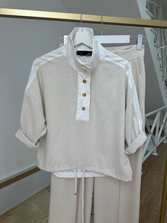 Arkası Poplin Detaylı Tasarım Yaka Keten Sweatshirt