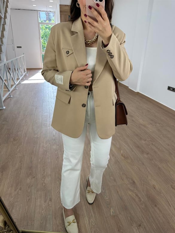 Armalı Blazer Ceket-Bej