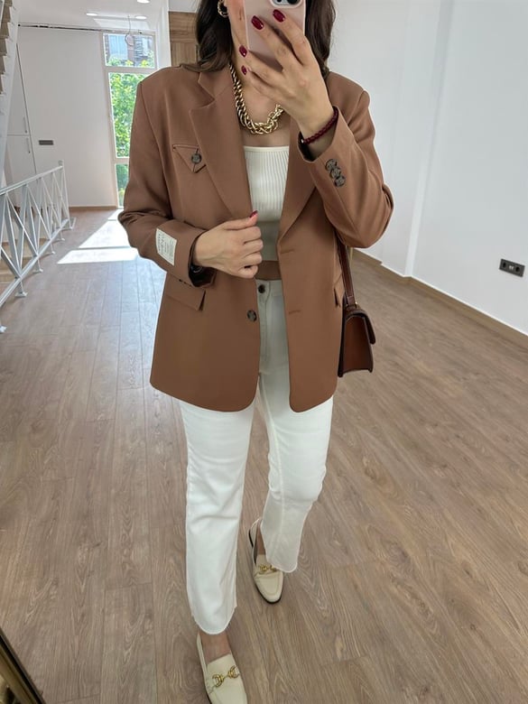 Armalı Blazer Ceket-Camel