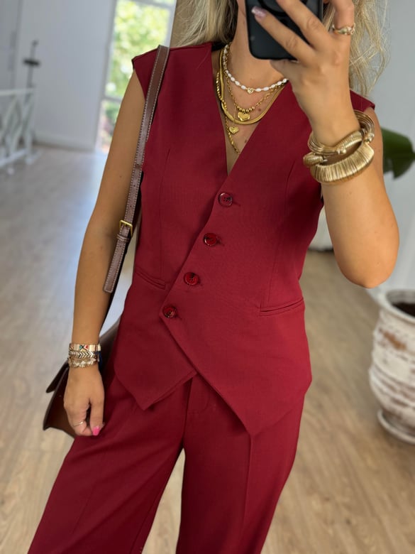 Asimetrik Kesim Yelekli Takım - Bordo