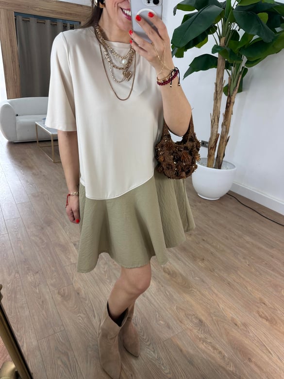 Asimetrik Mini Elbise - Bej
