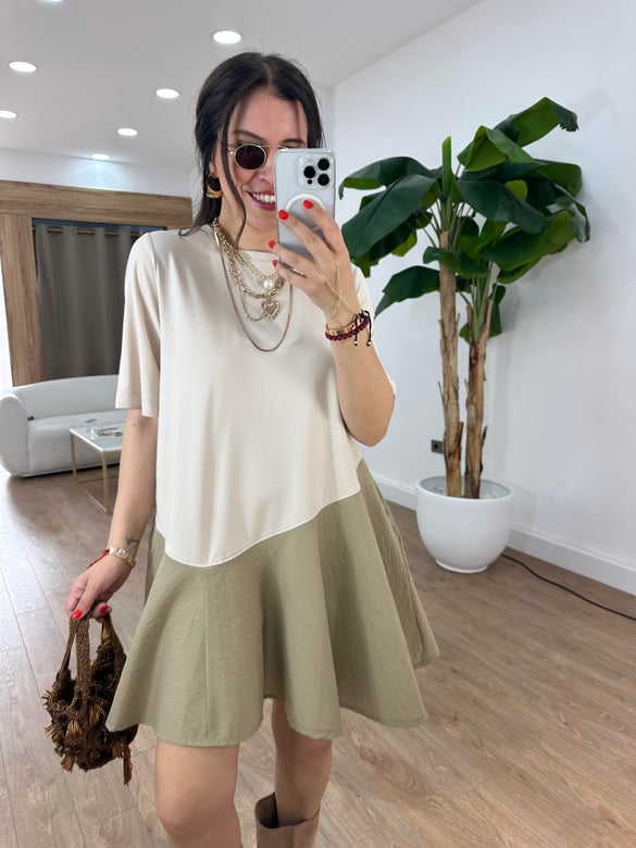 Asimetrik Mini Elbise - Bej