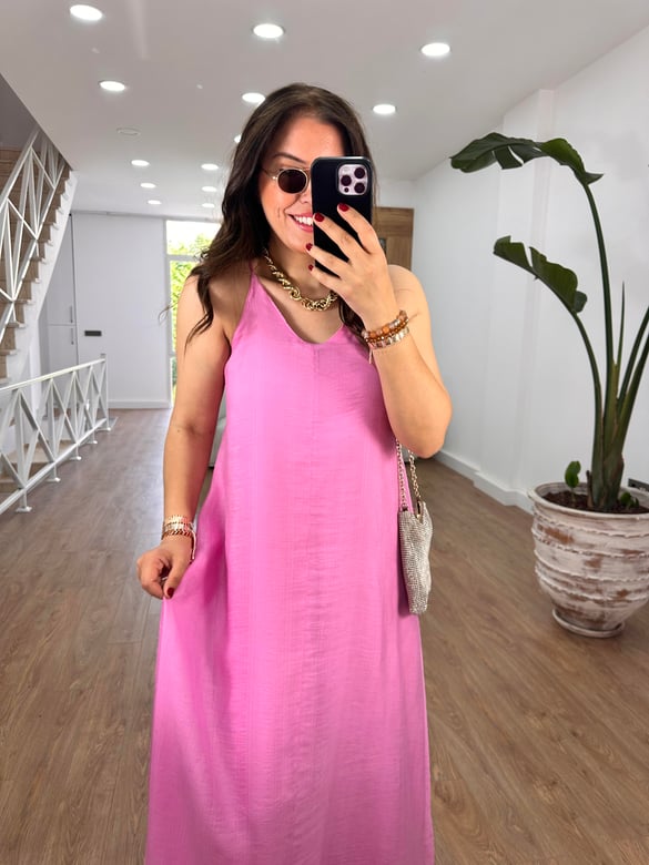 Askıları Ayarlanabilir Cepli Vual Elbise-Açık Pembe
