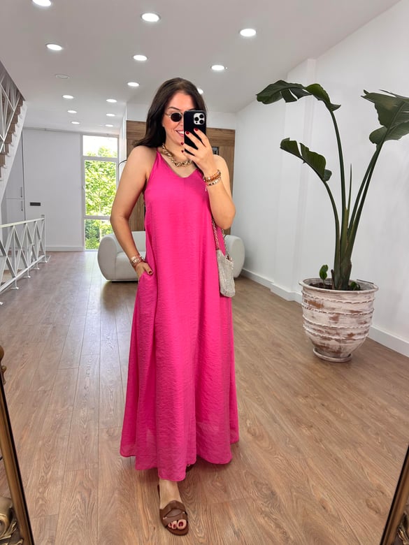 Askıları Ayarlanabilir Cepli Vual Elbise-Koyu Pembe