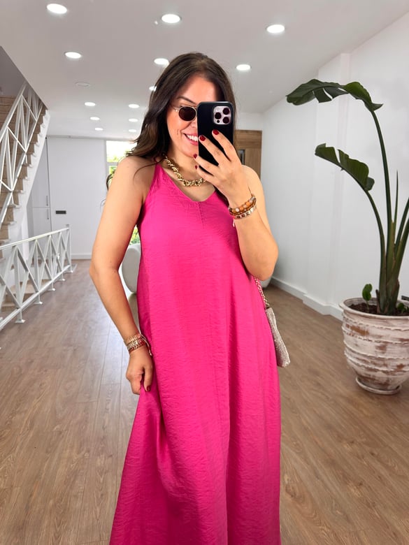 Askıları Ayarlanabilir Cepli Vual Elbise-Koyu Pembe
