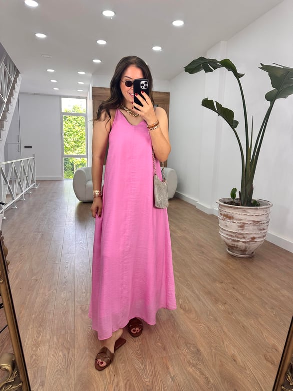 Askıları Ayarlanabilir Cepli Vual Elbise-Açık Pembe