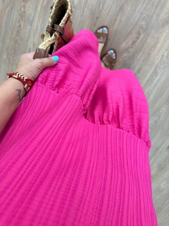 Eteği Volanlı Askılı Elbise - Fuşya