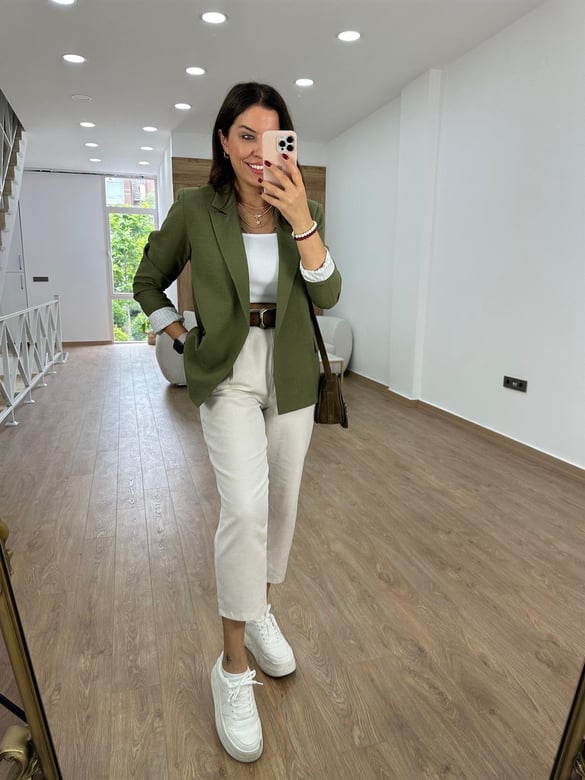 Astarı Çizgili İnce Keten Ceket-Haki
