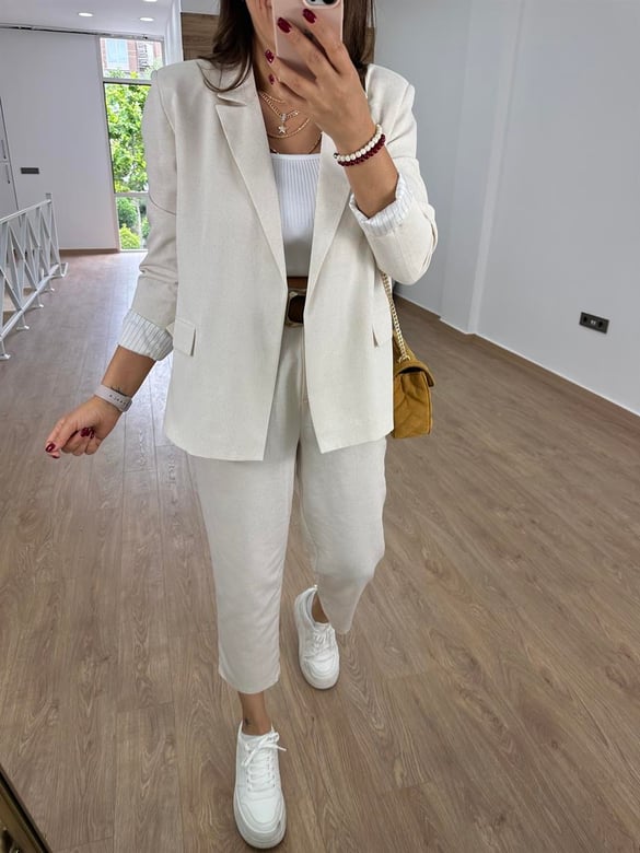 Astarı Çizgili İnce Keten Ceket-Taş