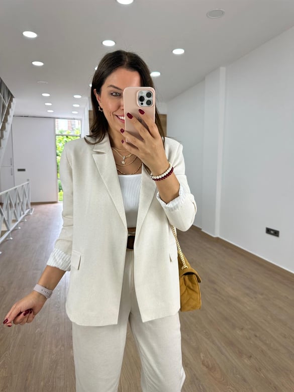 Astarı Çizgili İnce Keten Ceket-Taş