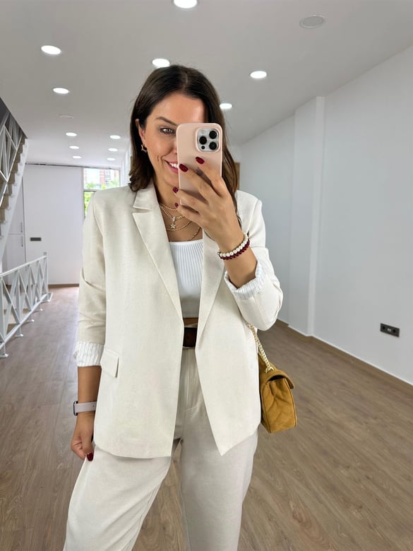 Astarı Çizgili İnce Keten Ceket-Taş