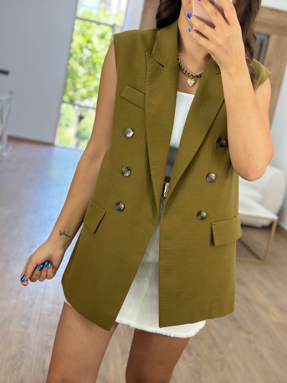 Astarlı Blazer Yelek - Yağ Yeşili