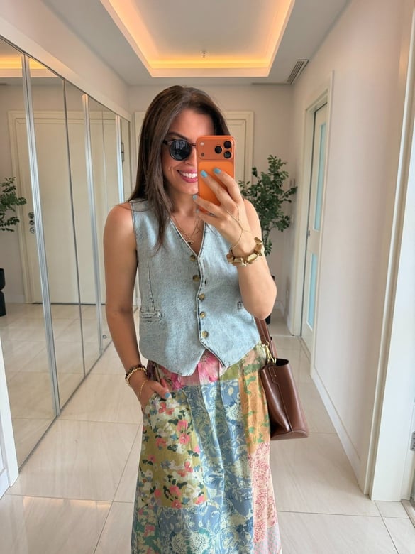 Önü Düğmeli Süs Cepli Denim Yelek 
