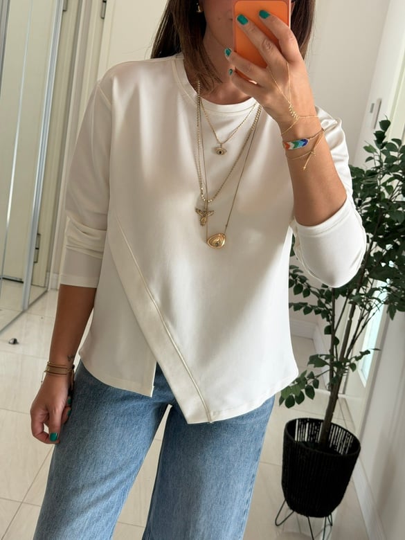 Asimetrik Yırtmaçlı Basic Sweat -Ekru