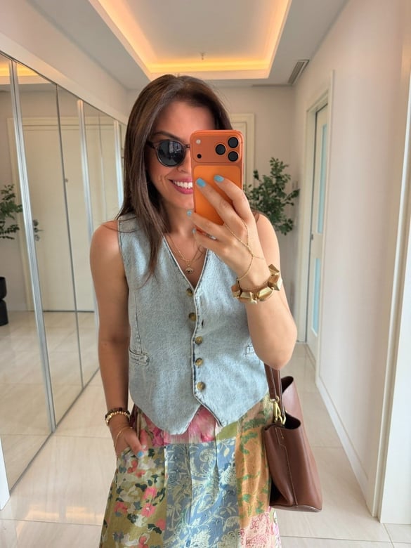 Önü Düğmeli Süs Cepli Denim Yelek 