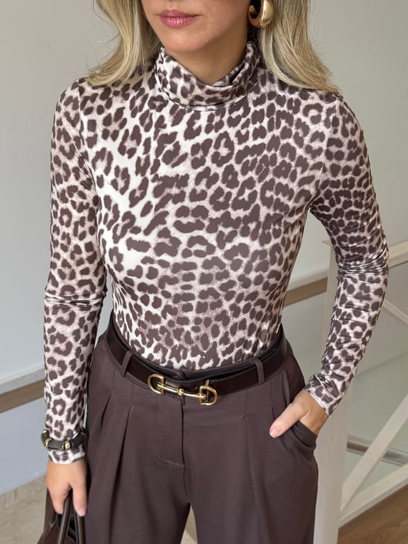 Balıkçı Yaka Likralı Leopar Bluz