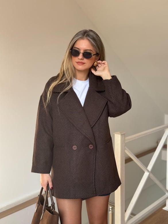 Balıksırtı Oversize Kaban - Acı Kahve