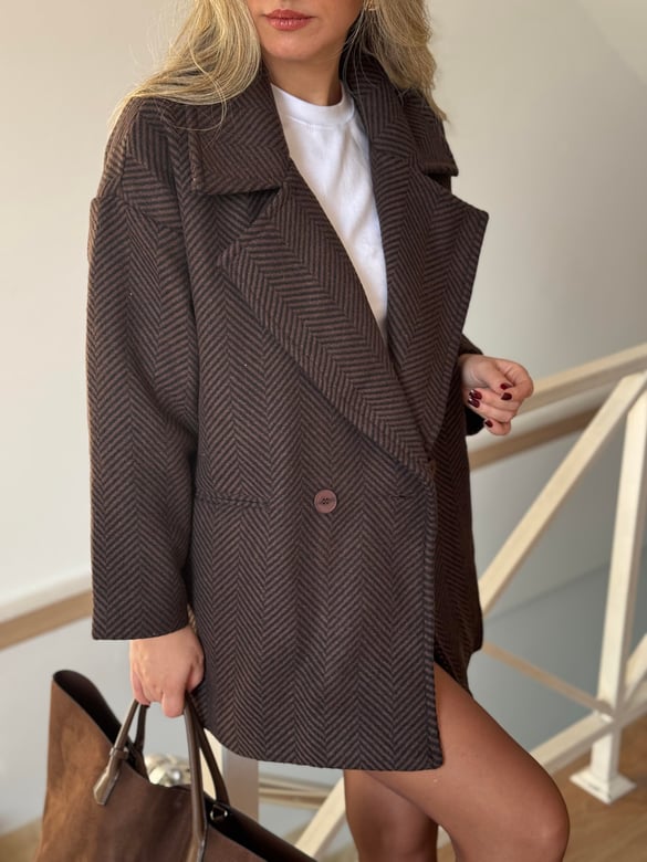 Balıksırtı Oversize Kaban - Acı Kahve