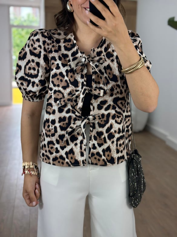 Balon Kol Önü Bağlamalı Leopar Bluz